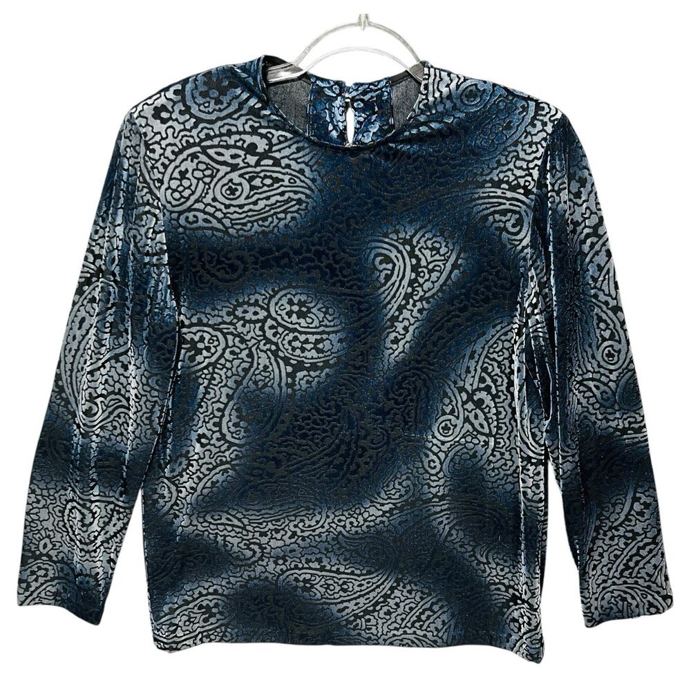 VTG Womens Velvet Burnout Paisley Swirl Mesh Top Sz L 90s Y2K Psychedelic Blouse